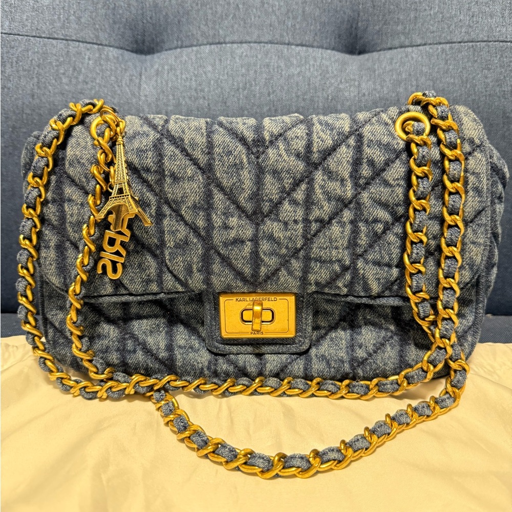 ‼️ SOLD‼️KALR Lagerfeld Agyness Shoulder Bag Denim Quilted Blue with Chain Strap